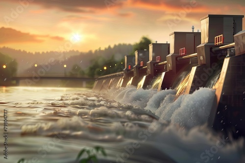 The image shows a hydroelectric dam. The dam is made of concrete and has a long spillway. The water is flowing over the spillway and creating a lot of foam. photo