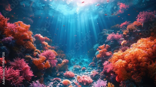 Beautiful underwater scenery wallpaper, 3d illustration