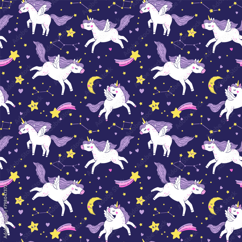 Vector seamless pattern of white magical unicorns on the starry sky. Hand drawn illustration of an unicorns, a constellation, and crescent moon on dark blue background