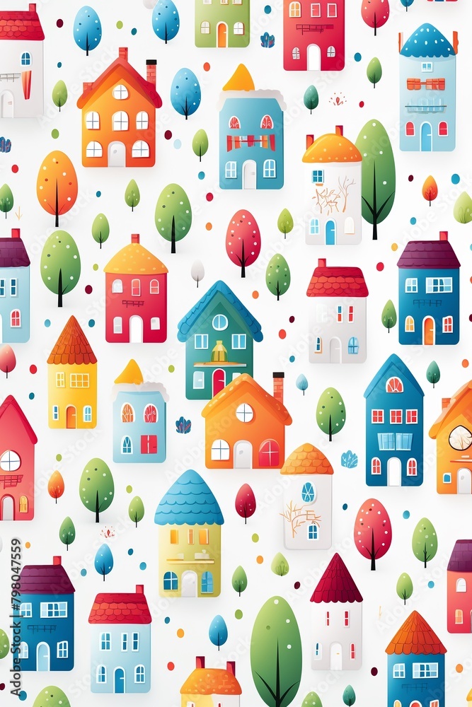 Childlike cute houses, seamless artistic pattern, simple lines, flat graphic, on white ,  illustration