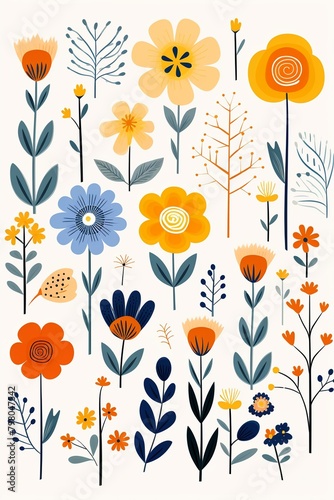 Childfriendly retro blooms  flat graphic vectors  simple plant drawings  white base  stylized illustration    seamless pattern drawing