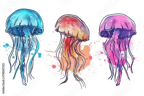Three jellyfish painted in watercolor on a white background. Perfect for marine themed designs