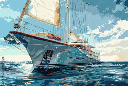 A peaceful painting of a sailboat on the ocean. Suitable for travel and nautical themes