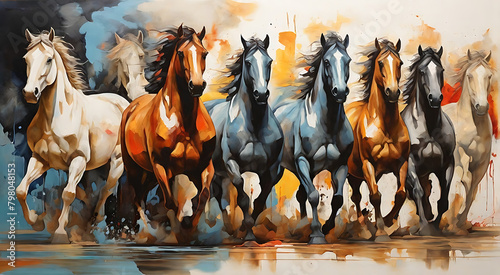 Abstract image of seven horses, paint spots and strokes. detailed Large strokes, mural, art style, vastu art, oil painting style,  photo