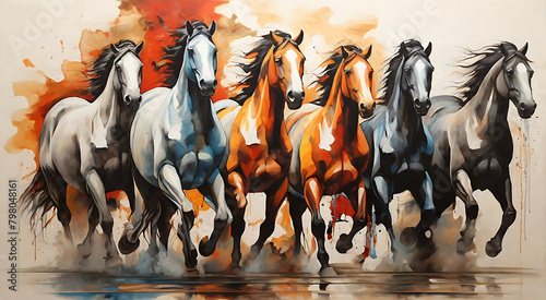 Abstract image of seven horses, paint spots and strokes. detailed Large strokes, mural, art style, vastu art, oil painting style, running