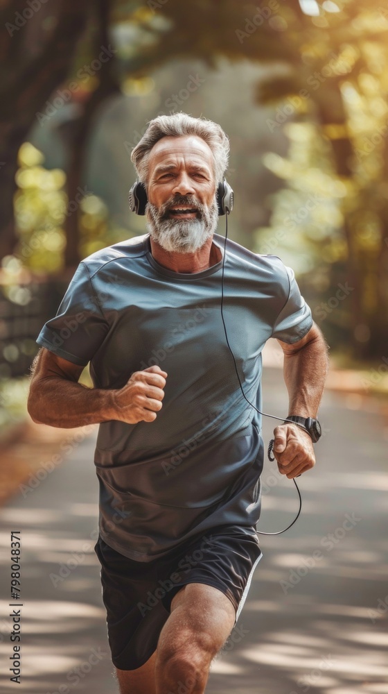 Fototapeta premium Closeup cropped portrait of male caucasian mature athlete sportsman runner listening to the music while jogging on park in the morning.
