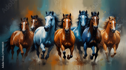 Abstract image of seven horses, paint spots and strokes. detailed Large strokes, mural, art style, vastu art, oil painting style, beauty photo