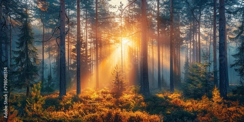 Breathtaking landscape in fir forest in the morning