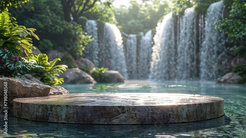 Beautiful waterfall scenery with podium for product