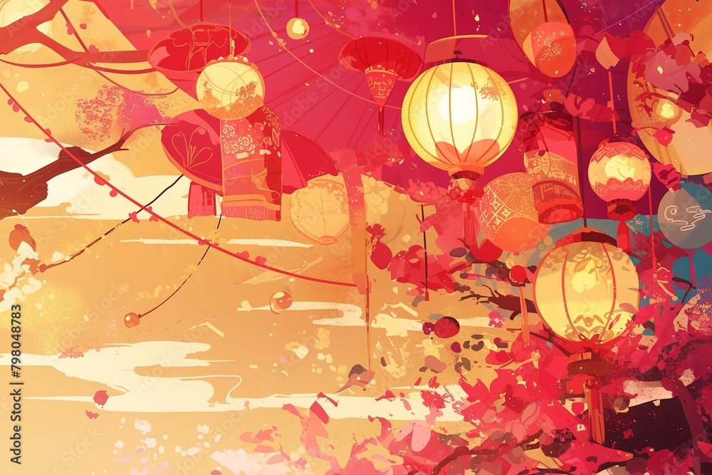 Obraz premium Beautiful illustration of lanterns and blossoming flowers in warm tones, capturing the essence of a festive celebration.
