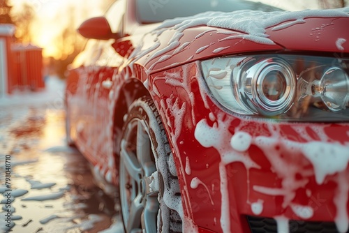 Professional red car wash with shampoo foam and water splashes, auto detailing service photo