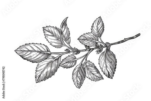 Detailed drawing of a branch with green leaves. Suitable for nature-themed designs