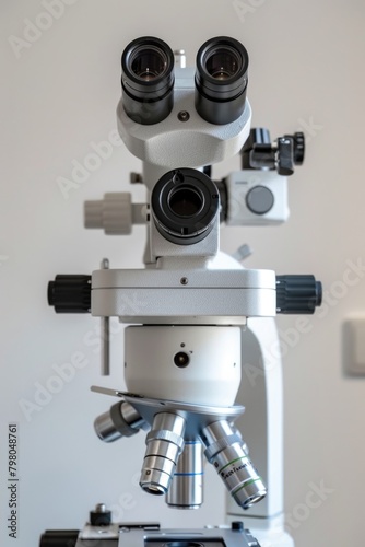 Close up of a microscope on a table. Suitable for scientific and educational purposes © Fotograf