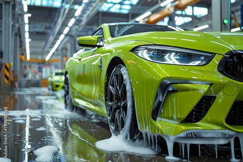 Green car shampoo wash with water splashes for professional auto detailing service