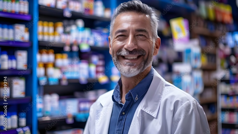 Portrait of a mature male pharmacist with a confident smile in a store. Concept Portrait Photography, Mature Male, Pharmacist, Confident Smile, Store Setting