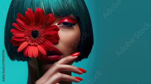 Close-up capture of an Algerian, showcasing her striking mint green hair while she holds a vibrant red flower delicately over her eye, posing gracefully 
