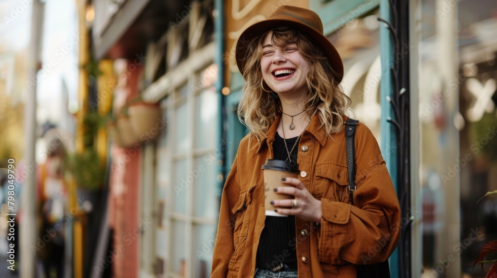 Woman in hat and jacket holding a cup of coffee, suitable for lifestyle and outdoor concepts