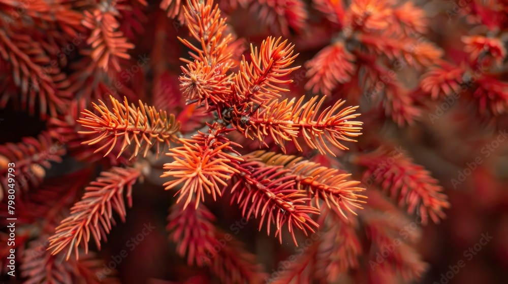 Closeup of vibrant red spruce branches with brown, dead foliage. The focus is on the intricate patterns and textures in each leaf Closeup of vibrant red spruce branches with brown, dead foliage. The focus is on the intricate patterns and textures in each leaf