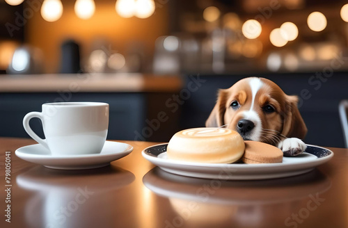 Dog in café sitting at table photo