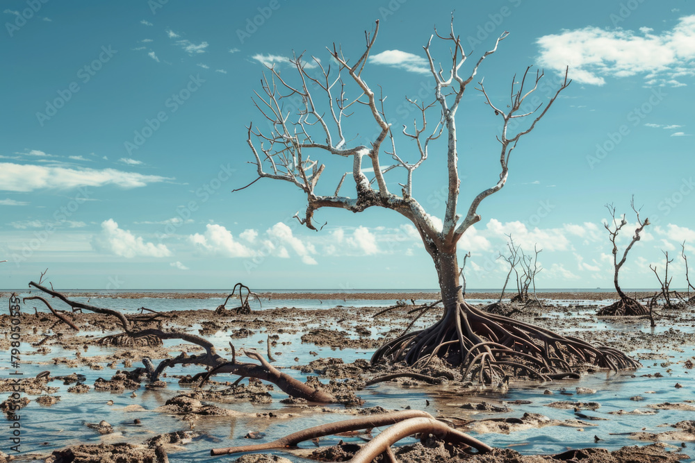 Dead mangrove trees due to increased soil and seawater pollution in a coastal area.
Dead mangrove trees due to increased soil and seawater pollution in a coastal area.