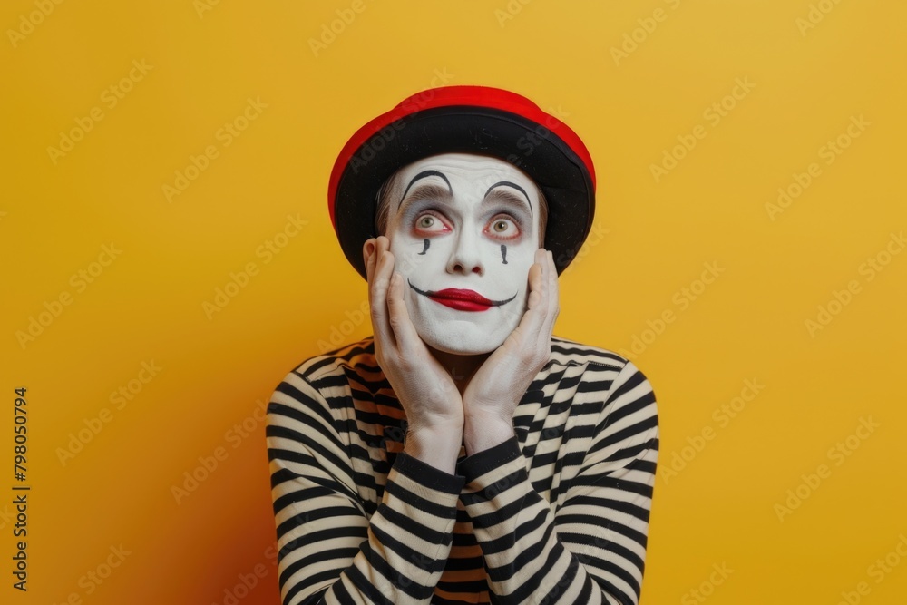 Person wearing clown makeup and hat, suitable for circus-themed designs Person wearing clown makeup and hat, suitable for circus-themed designs