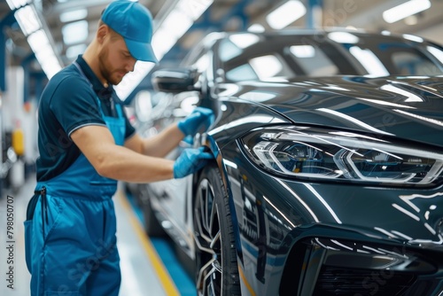Skilled engineer worker in automotive factory for efficient car assembly line production process