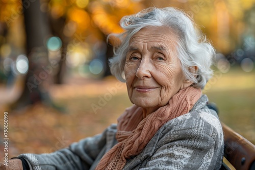 Beautiful portrait of an elegant and serene elderly woman enjoying a relaxing moment outdoors
