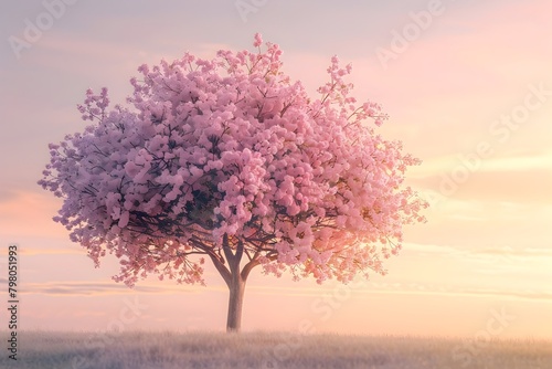 Enchanting Cherry Blossom Tree in Pastel Sunset Sky with Cinematic Lighting © kittipoj