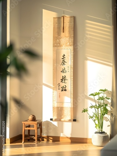 Elegant Japanese Calligraphy Scroll Displayed in Sunlit Home Interior photo