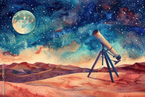 A painting of a telescope on a tripod in the desert. Suitable for educational or scientific themes