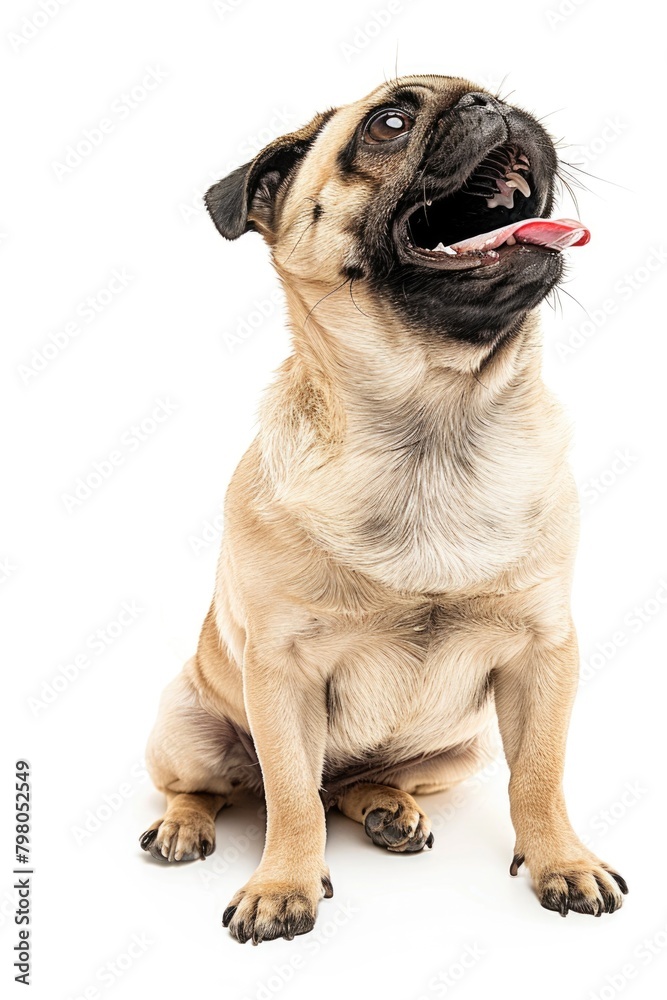 A cute pug dog sitting with its mouth open. Perfect for pet-related designs