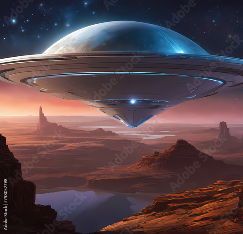 ufo in space, realistic illustration sharp detailed edged, perfect composition, andromeda galaxy background wallpaper