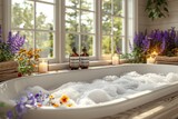 Spa essentials. soap, towel, and toiletries creating serene ambiance on white bathroom background