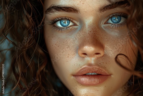 A close up image of a woman with freckles on her face. Suitable for beauty and skincare concepts © Fotograf