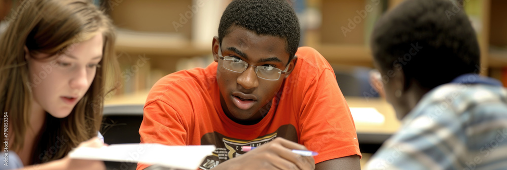 Fototapeta premium A group of young adults sitting closely together around a table, engaged in conversation and interaction