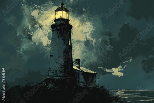 A painting of a lighthouse with a bird flying by. Ideal for travel and nature concepts #798053509