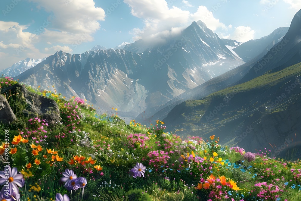 Majestic Alpine Landscape with Vibrant Wildflowers and Rugged Peaks Under Sunny Skies Majestic Alpine Landscape with Vibrant Wildflowers and Rugged Peaks Under Sunny Skies
