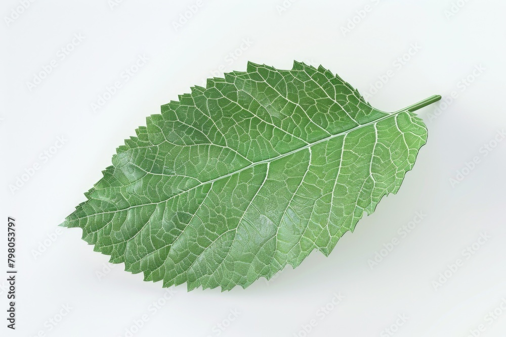 A vibrant green leaf resting on a clean white surface. Perfect for nature and environmental concepts A vibrant green leaf resting on a clean white surface. Perfect for nature and environmental concepts