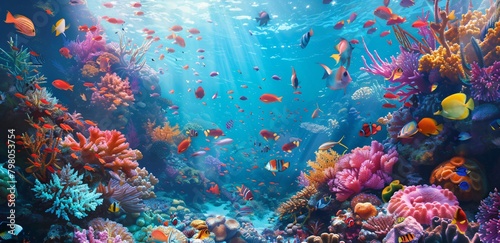 Vibrant coral reef teeming with colorful fish 