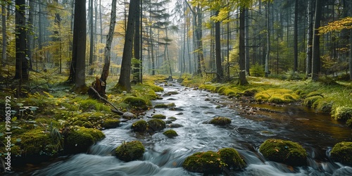 Breathtaking landscape in fir forest in the morning