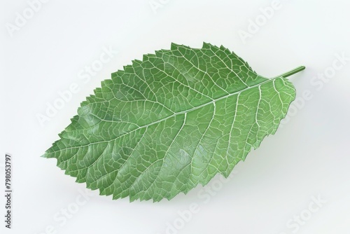A vibrant green leaf resting on a clean white surface. Perfect for nature and environmental concepts