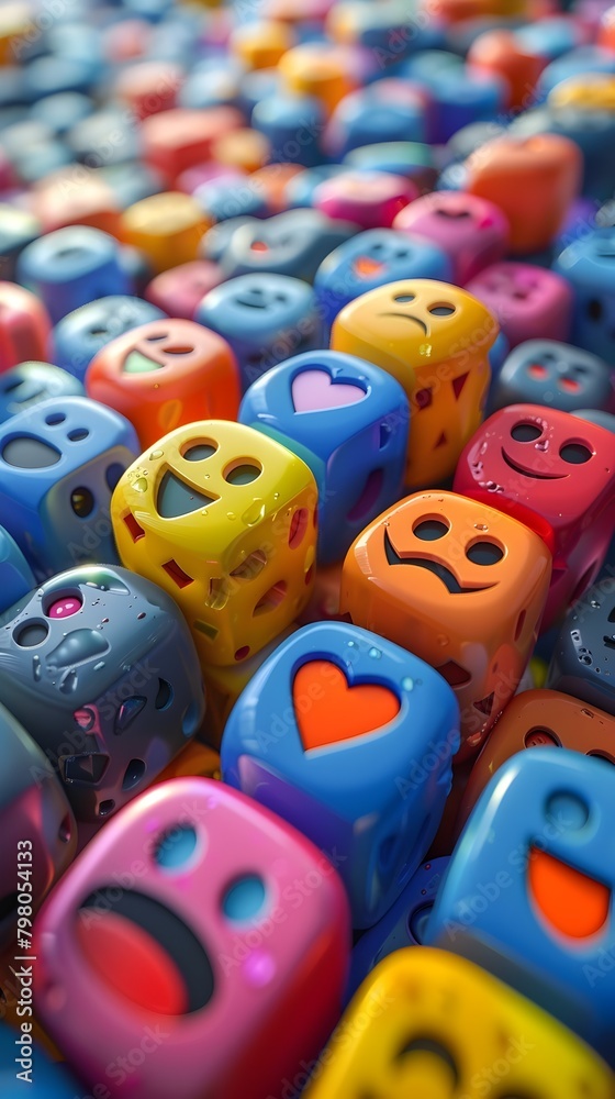 Vibrant Emoji-Adorned Dice Cascade in Playful 3D Rendering Vibrant Emoji-Adorned Dice Cascade in Playful 3D Rendering