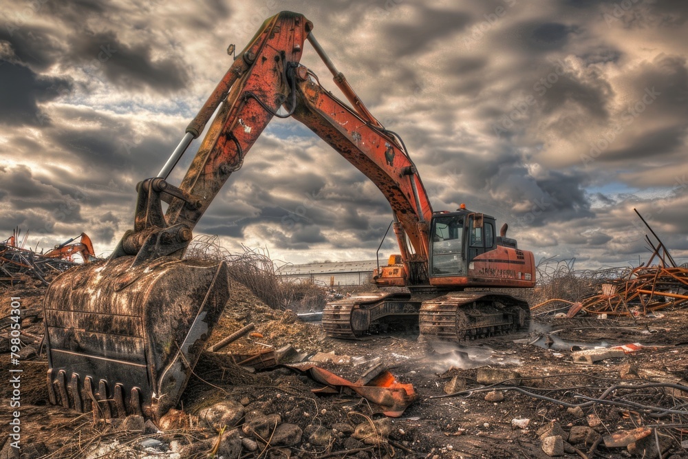 A large excavator sitting on top of a pile of rubble. Suitable for construction or demolition themes