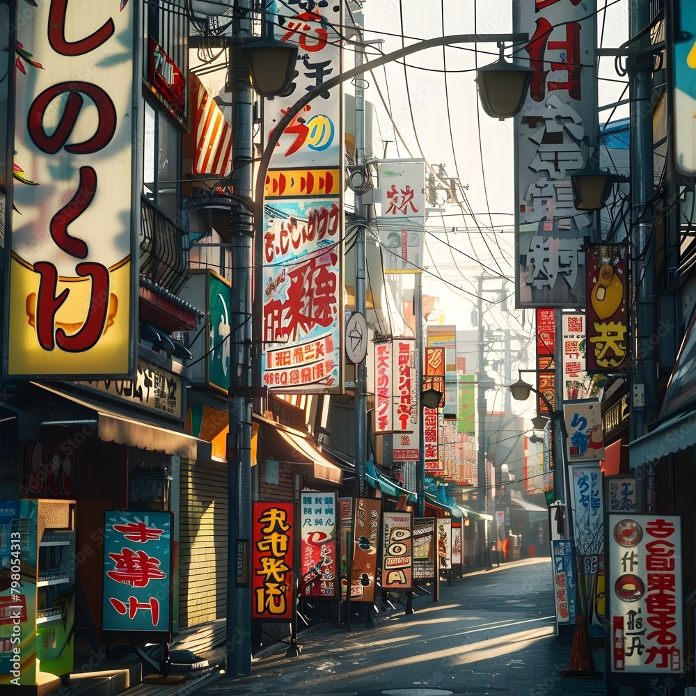 Fototapeta premium Colorful Street in Japan Adorned with Vibrant Japanese Signage and Billboards Bathed in Bright Sunlight