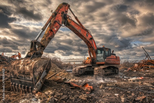 A large excavator sitting on top of a pile of rubble. Suitable for construction or demolition themes