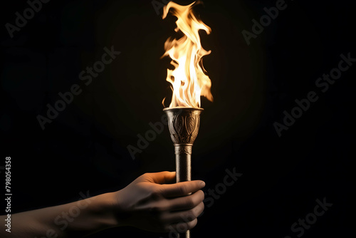 Closeup, Hand holding Olympic Games fire torch isolated on black background