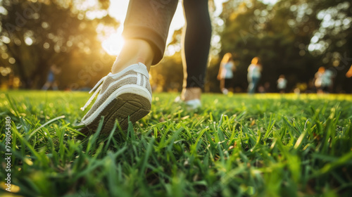 Fototapeta Naklejka Na Ścianę i Meble -  A close up view of a person walking through the green grass