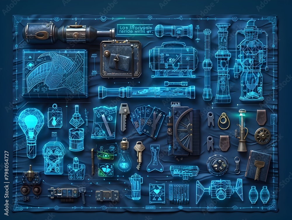 Fototapeta premium Vintage Steampunk-Inspired Mechanical Blueprints and Gadgets Depicting Lost and Found Items