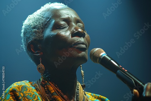 Female singer giving captivating performance on stage with microphone, expressing emotions
