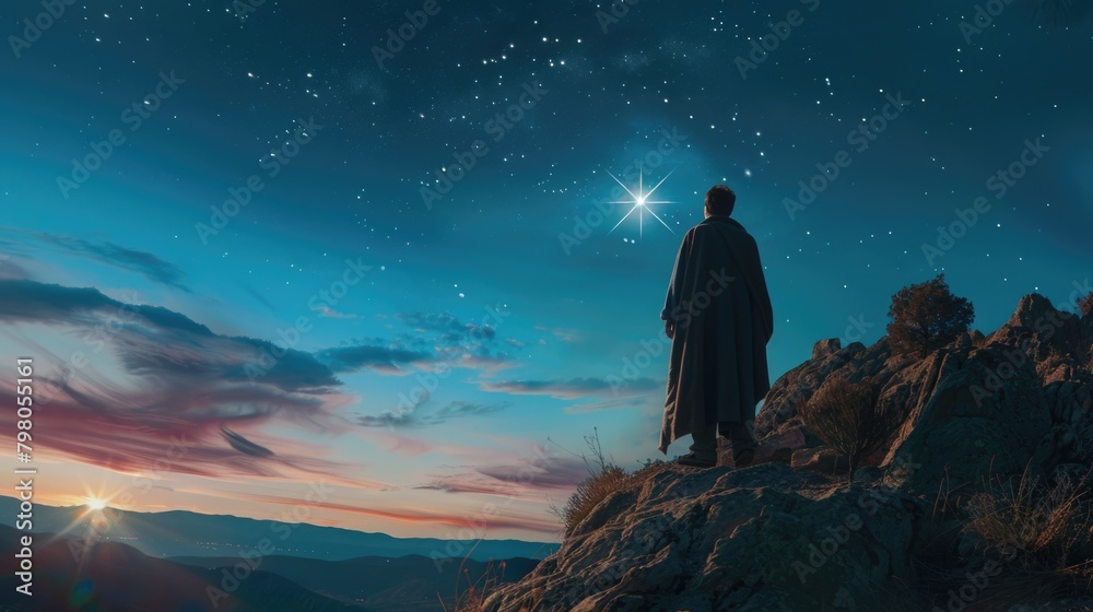 Obraz premium A man standing on top of a mountain admiring the stars. Suitable for nature and adventure concepts